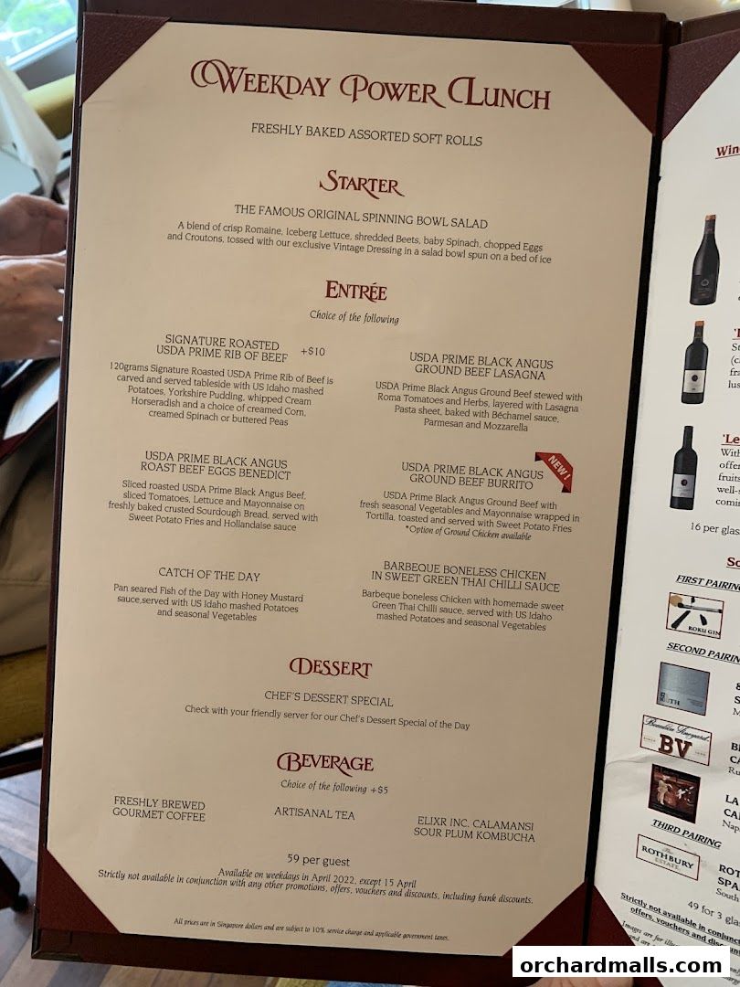 Menu page for Lawrys The Prime Rib Singapore