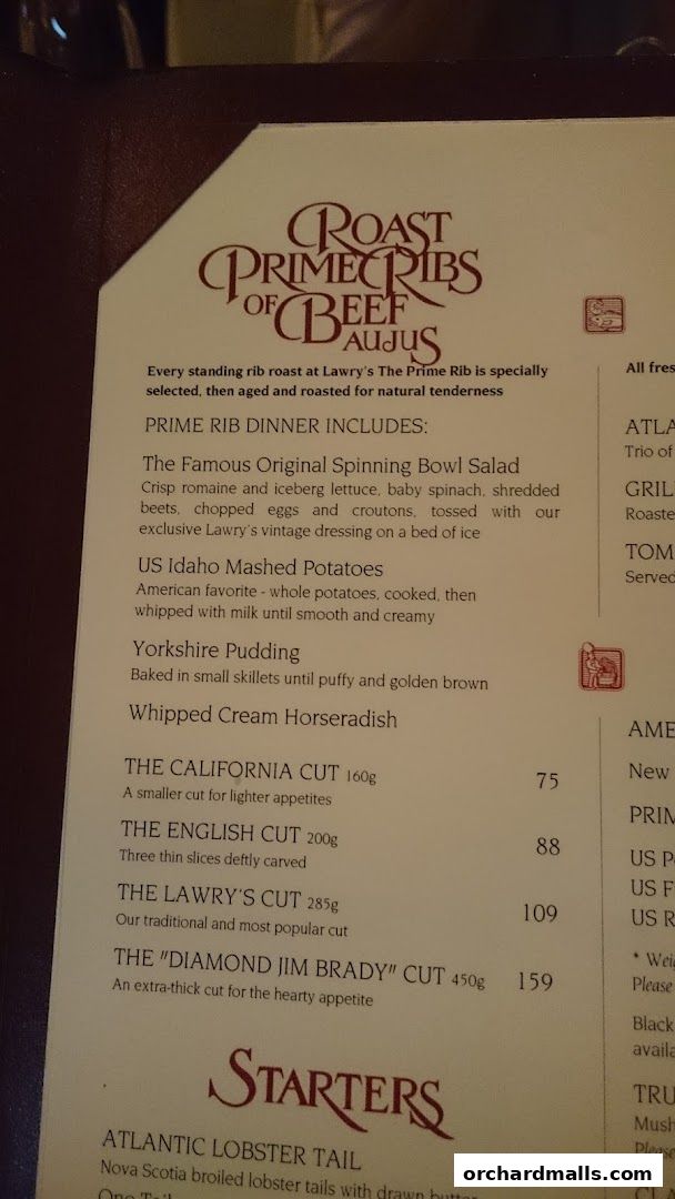 Menu page for Lawrys The Prime Rib Singapore