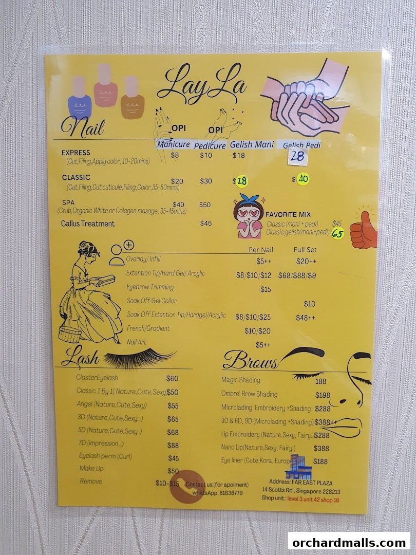 Menu page for Layla Lash Brow Far East Plaza Orchard Singapore