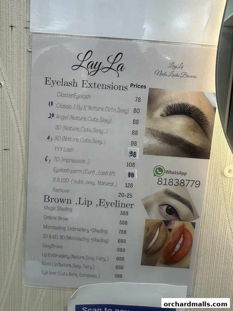 Menu page for Layla Lash Brow Far East Plaza Orchard Singapore