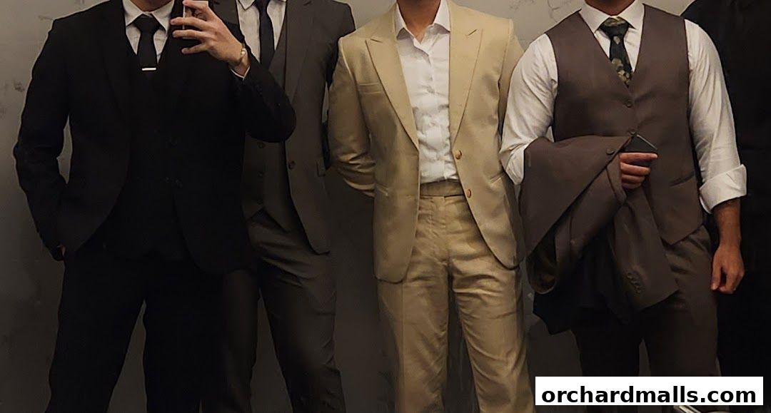 Several men in tailored suits stand together, showcasing stylish formal wear.
