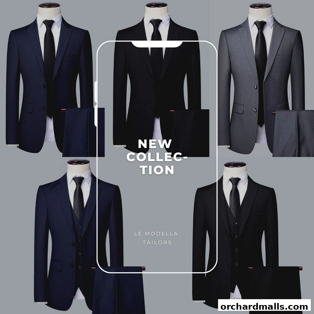 A collage of tailored suits on mannequins, showcasing a new collection.