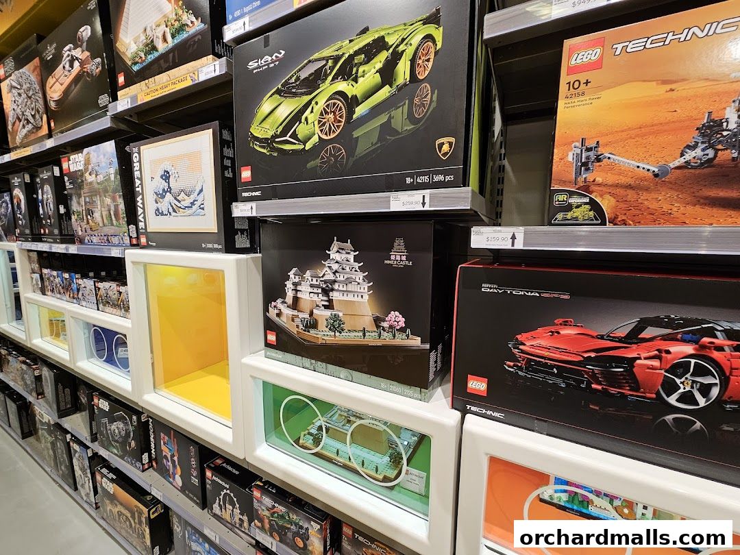 Shelves filled with various LEGO sets, including cars, buildings, and Star Wars themed boxes.