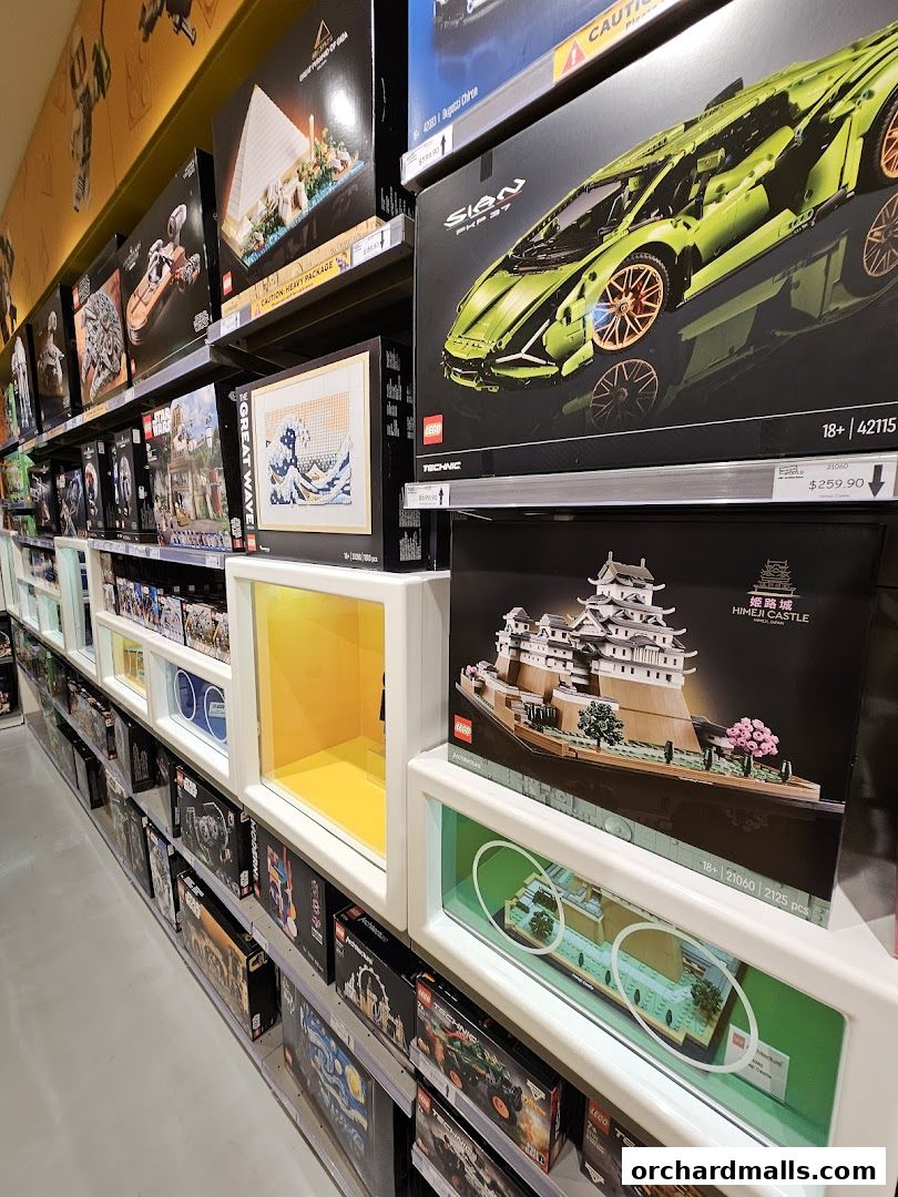 Shelves filled with various LEGO sets, including cars, buildings, and Star Wars themes.