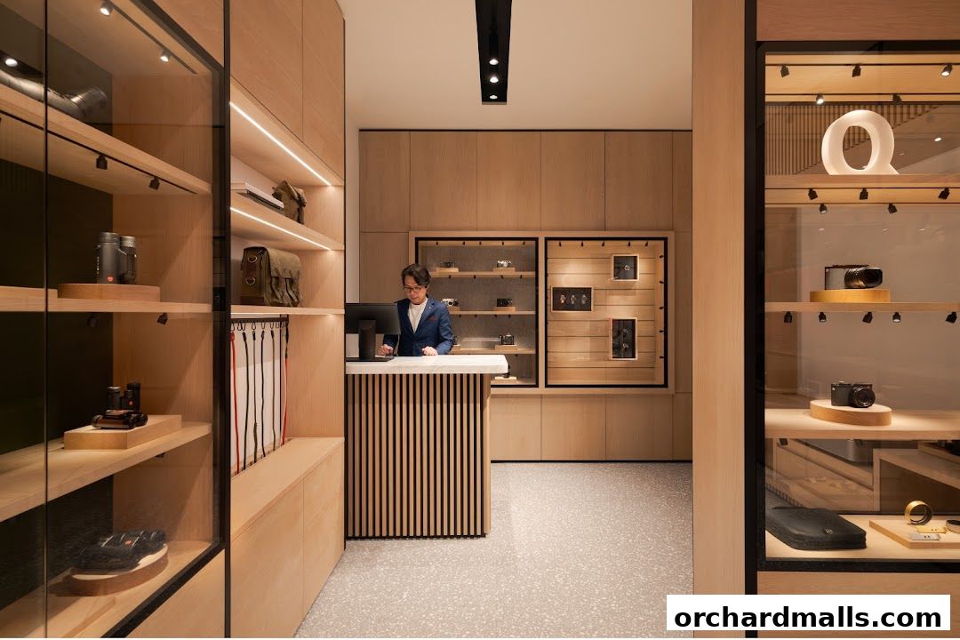 Interior of a modern Leica store with cameras and accessories displayed.