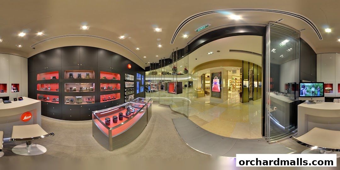 Interior view of a modern Leica store showcasing cameras and accessories in display cases.