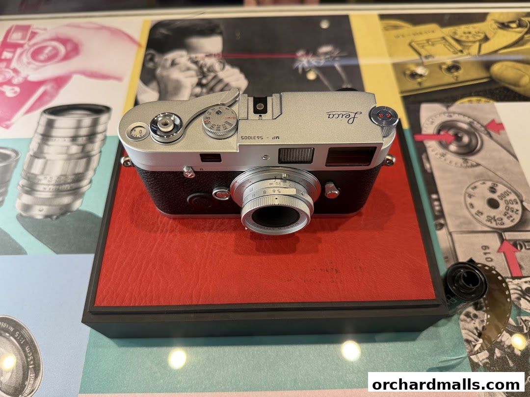 A Leica camera is displayed on a red surface with vintage photography prints.