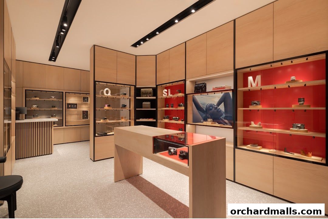 Interior of a modern camera store with display cases showcasing cameras and accessories.