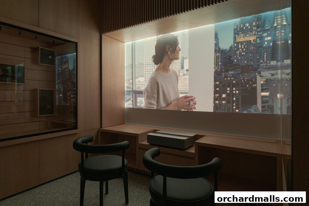 A modern room with wooden walls, display cases, chairs, and a large screen showing a woman with a cityscape.
