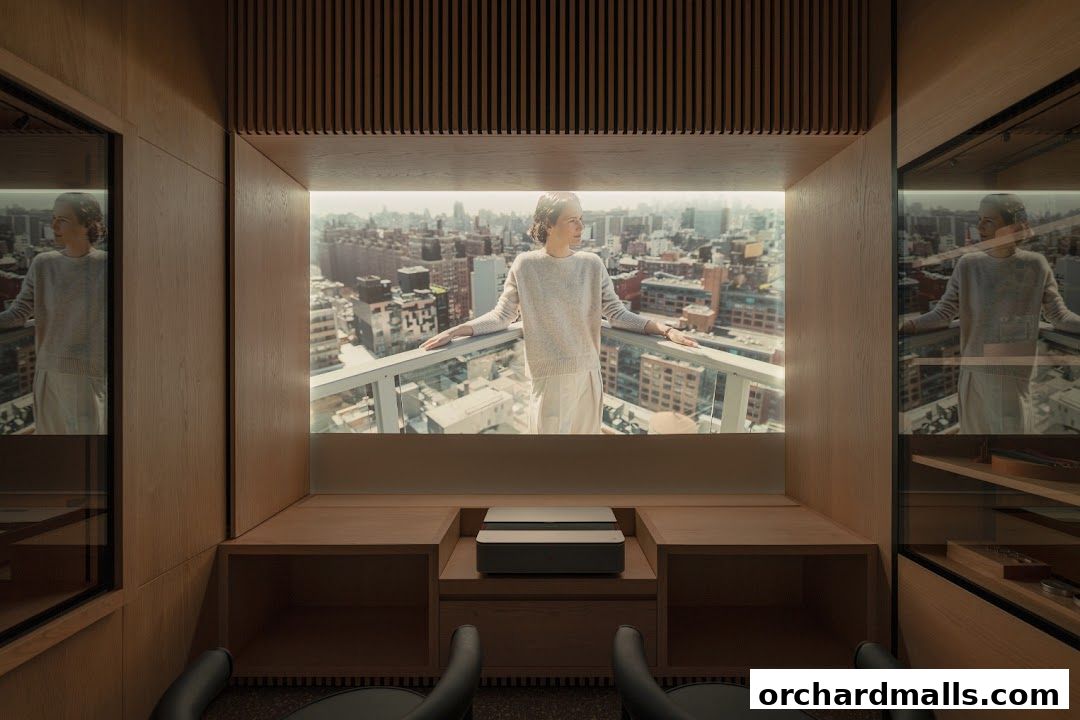 A woman stands on a balcony overlooking a city, displayed on a large screen.
