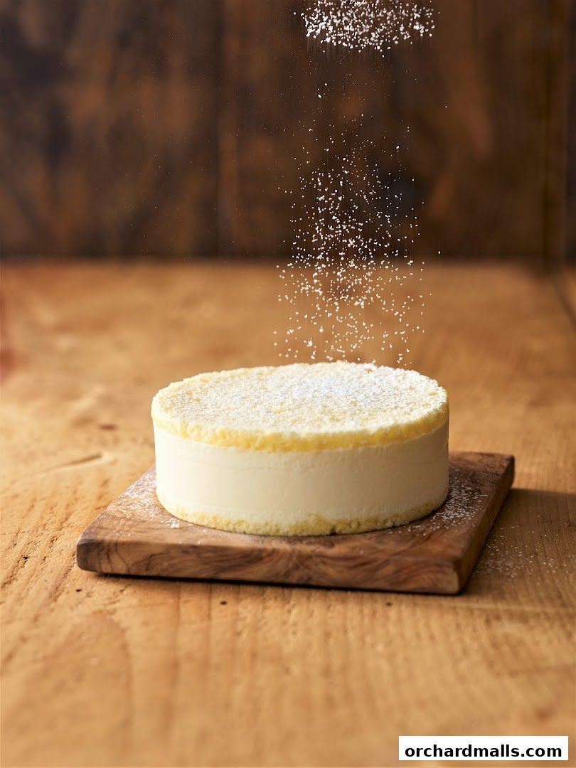 A round, creamy cheesecake is dusted with powdered sugar on a wooden board.