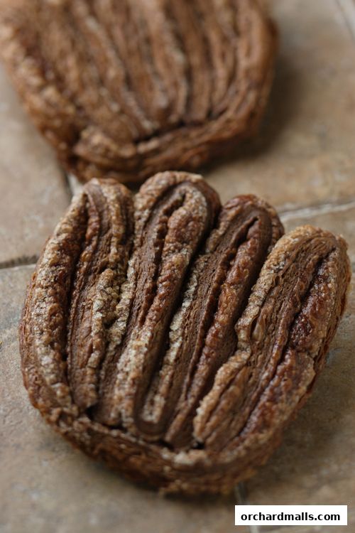 Close-up of a flaky, layered chocolate pastry with a textured surface.