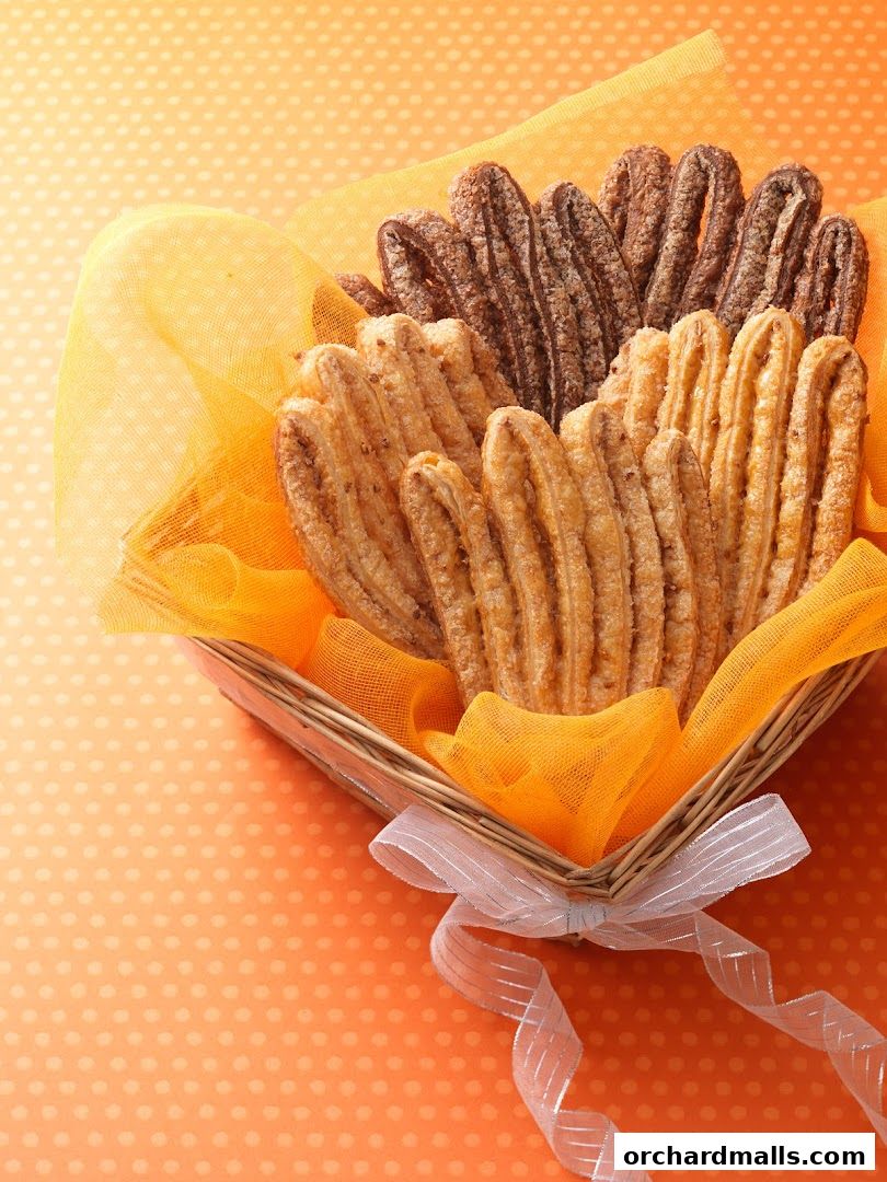 A basket filled with assorted churros, presented with orange fabric and a white ribbon.