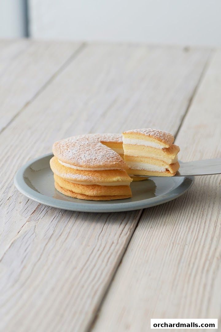 A slice of fluffy layered cake dusted with powdered sugar on a plate.
