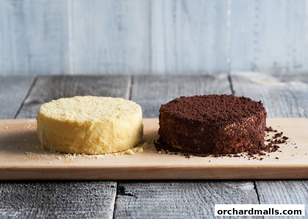 Two round cakes, one vanilla and one chocolate, sit on a wooden board.