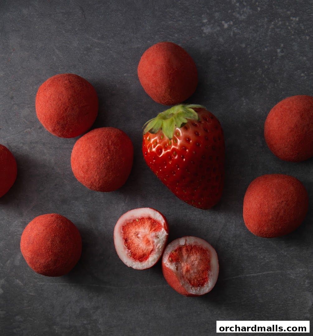 A whole strawberry and several red-dusted truffles, one cut in half, on a dark surface.