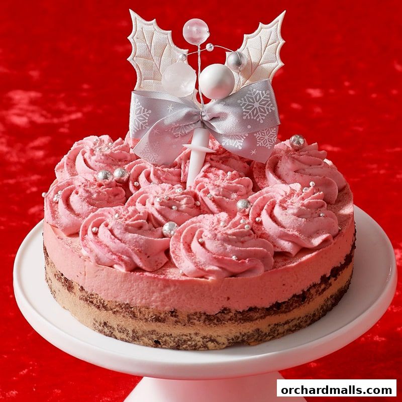 A beautifully decorated pink cake with a festive bow and snowflake design on a white cake stand.