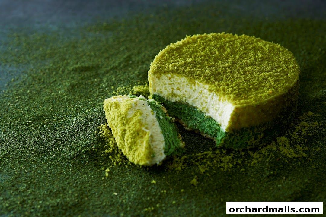 A slice of matcha cheesecake with a creamy white filling and green cake layers, dusted with matcha powder.