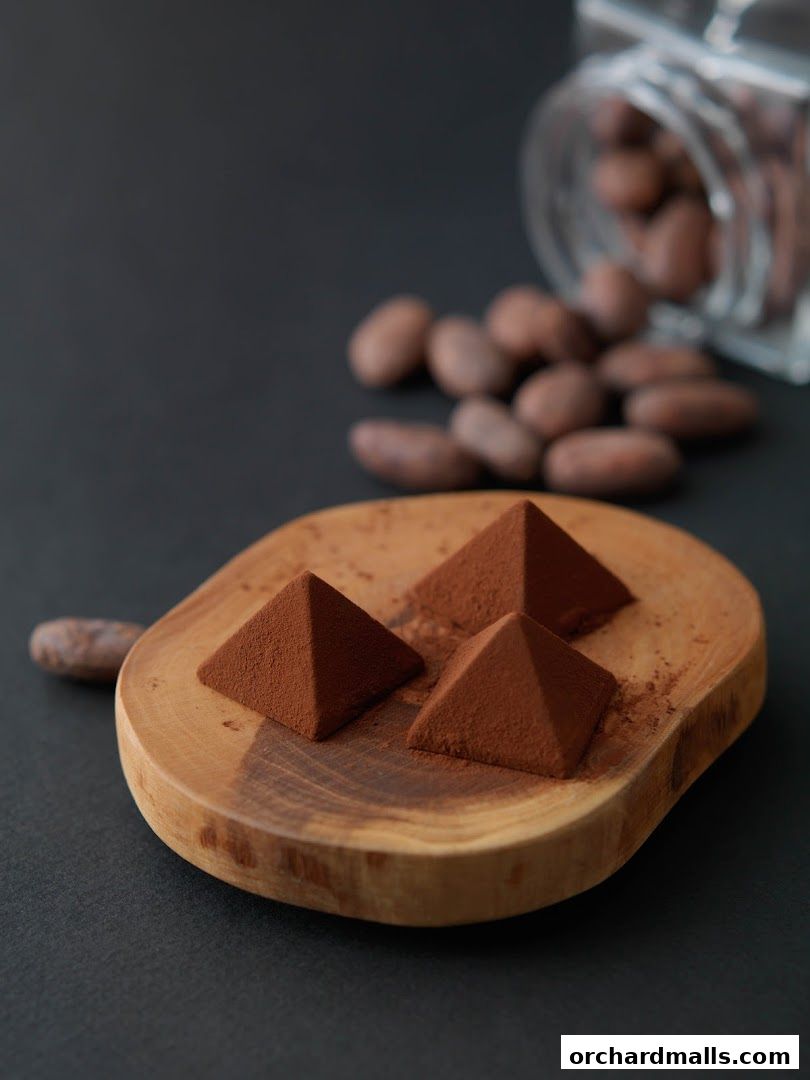 Pyramid-shaped chocolates dusted with cocoa powder on a wooden plate with cocoa beans.