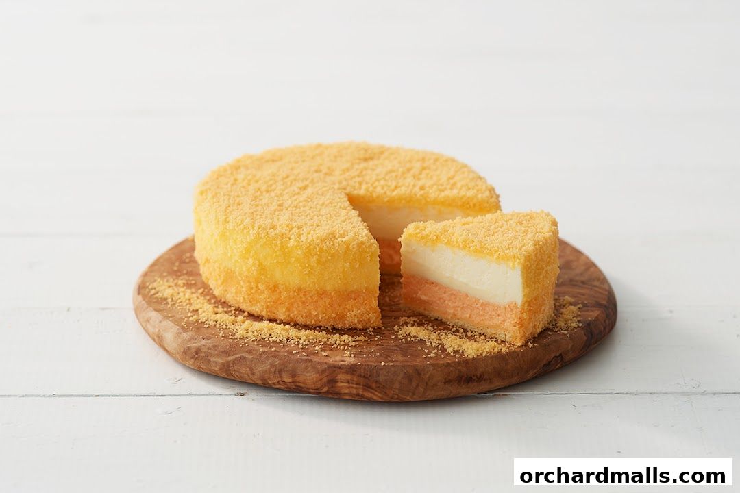 A layered cake with a slice removed, covered in fine crumbs, presented on a wooden board.