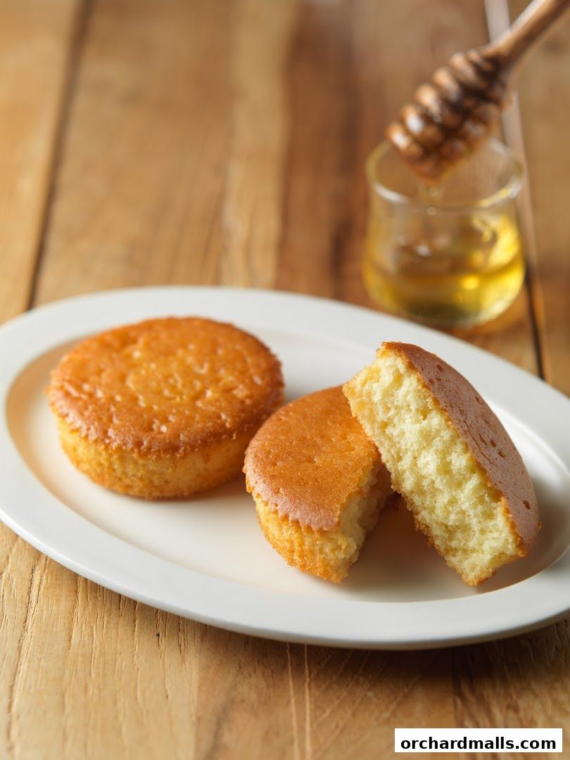 Two golden-brown cakes on a white plate with a honey dipper and honey in the background.