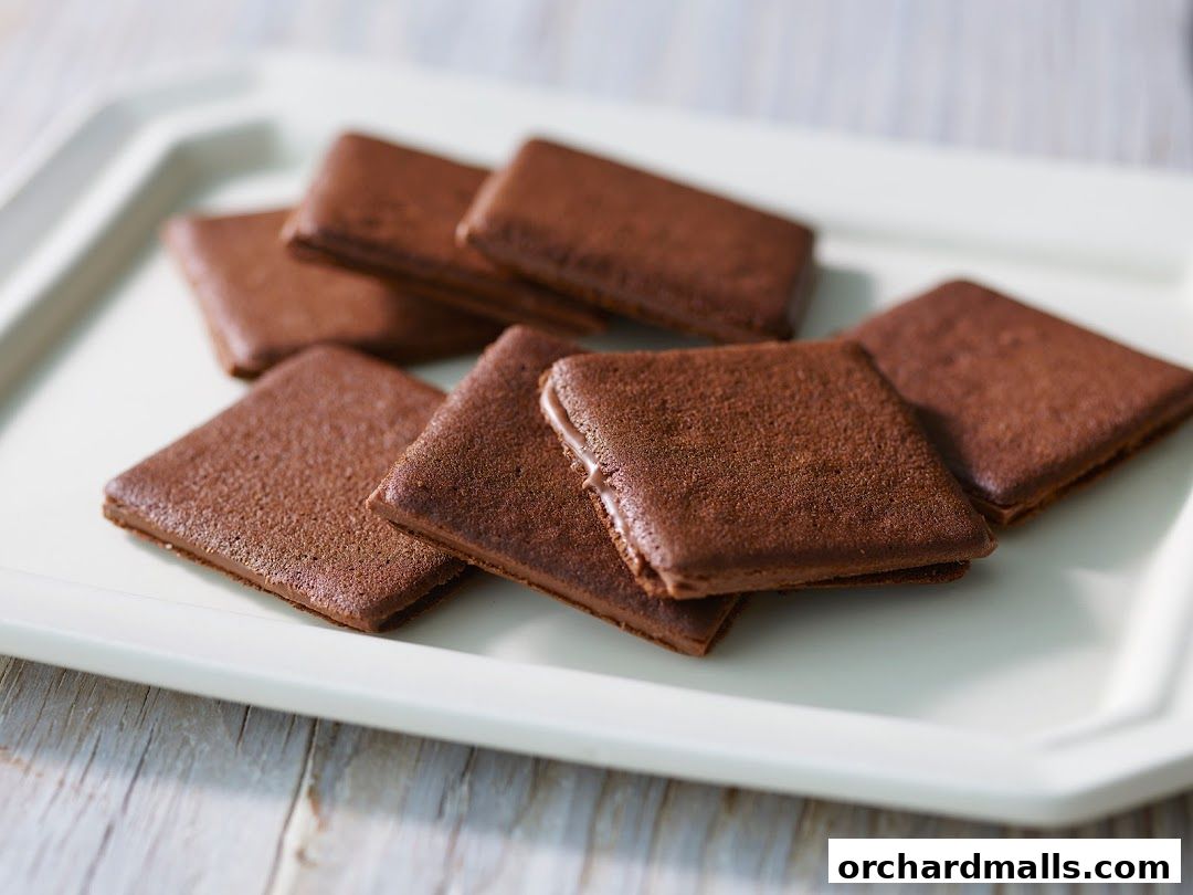 A white tray filled with several chocolate biscuits on a light wooden surface.