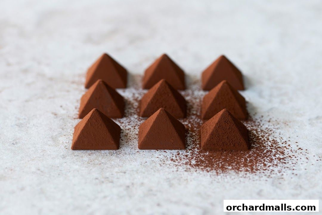 Nine pyramid-shaped chocolates dusted with cocoa powder arranged on a textured surface.