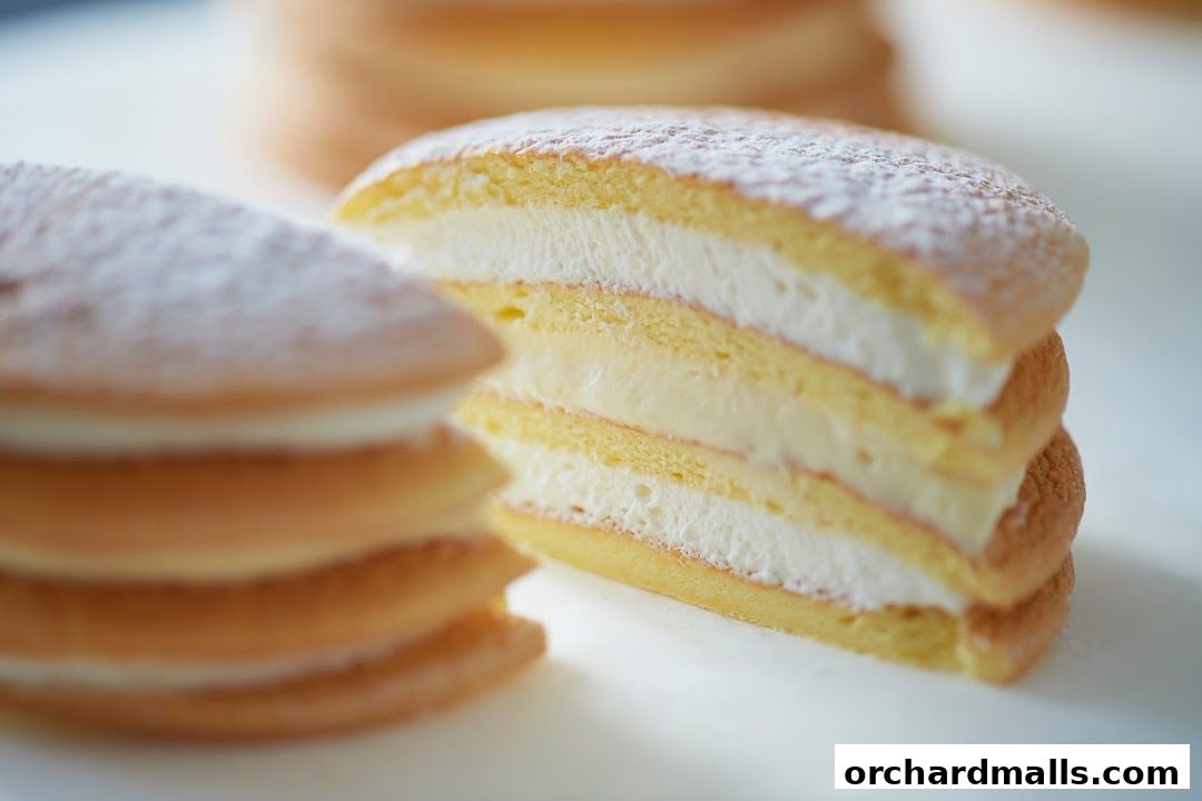 Close-up of layered cakes with cream filling, dusted with powdered sugar.