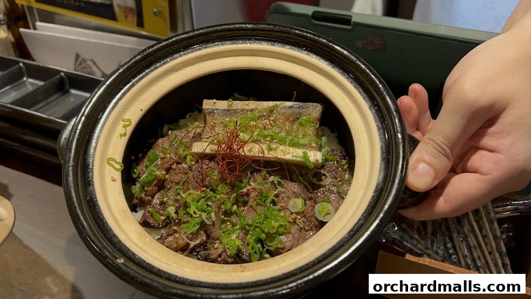 A close-up of a delicious beef and fish dish served in a ceramic pot.