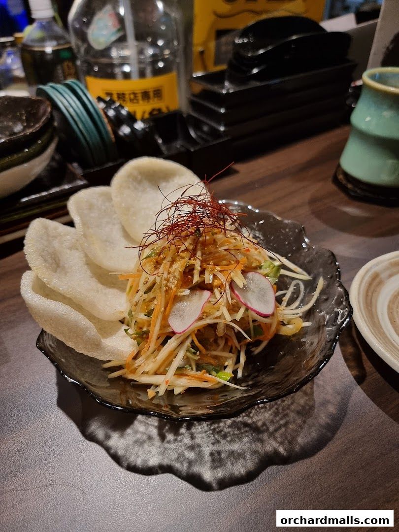 A close-up of a refreshing salad with crispy crackers and garnishes.