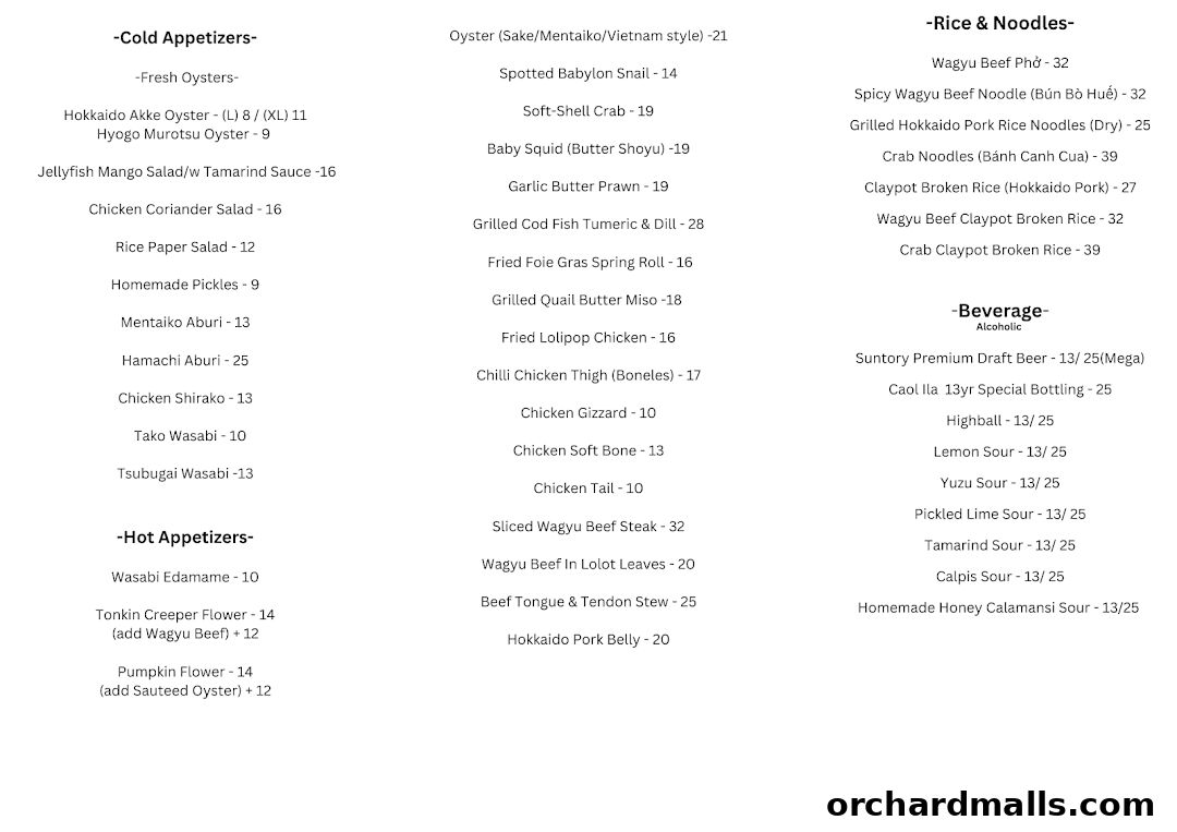 A menu from LEV featuring appetizers, rice and noodles, and beverages.