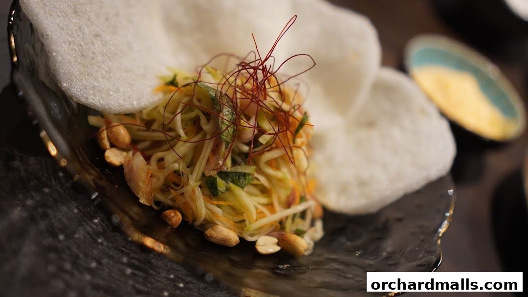 A close-up of a vibrant salad with peanuts and crispy crackers, served on a dark plate.