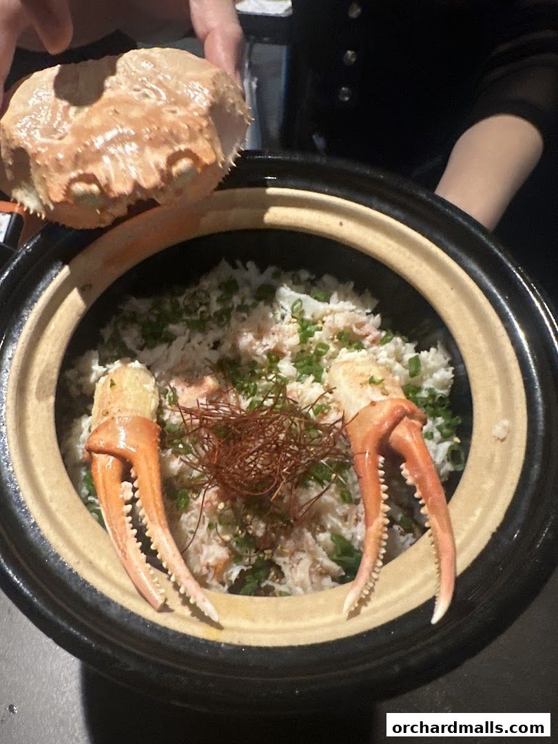 A person holds a crab shell over a bowl of rice with crab meat and garnishes.
