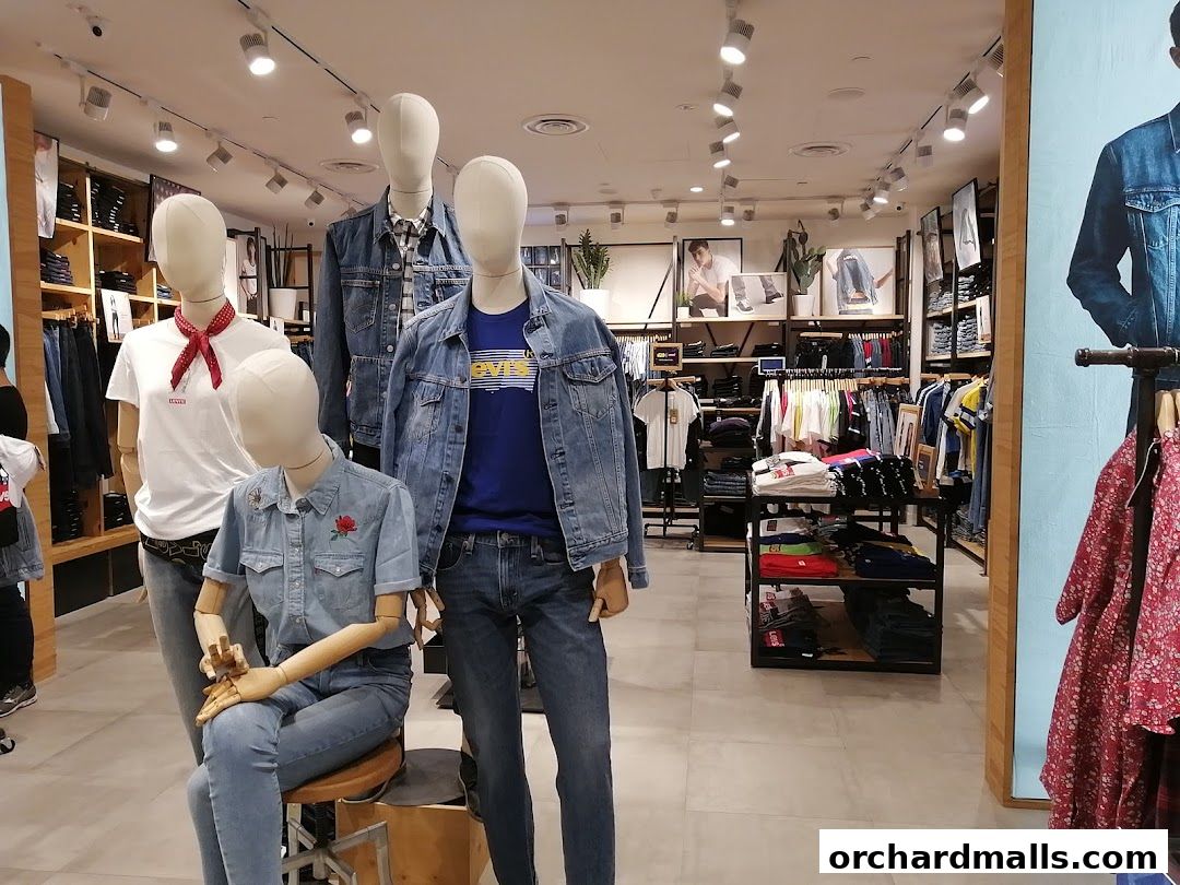 Mannequins dressed in Levi's denim outfits are displayed inside a well-lit retail store.
