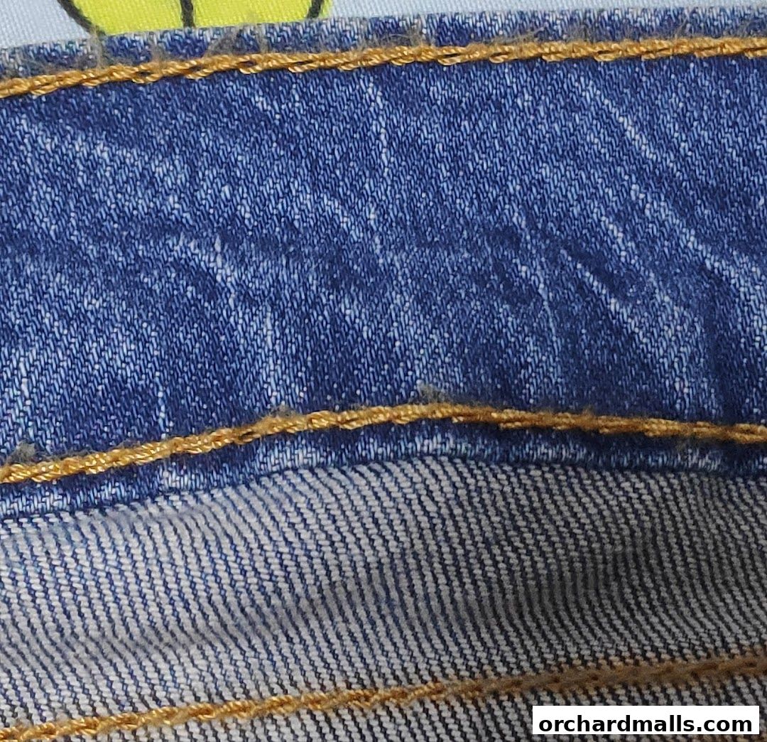 Close-up view of blue denim jeans with visible stitching and texture.