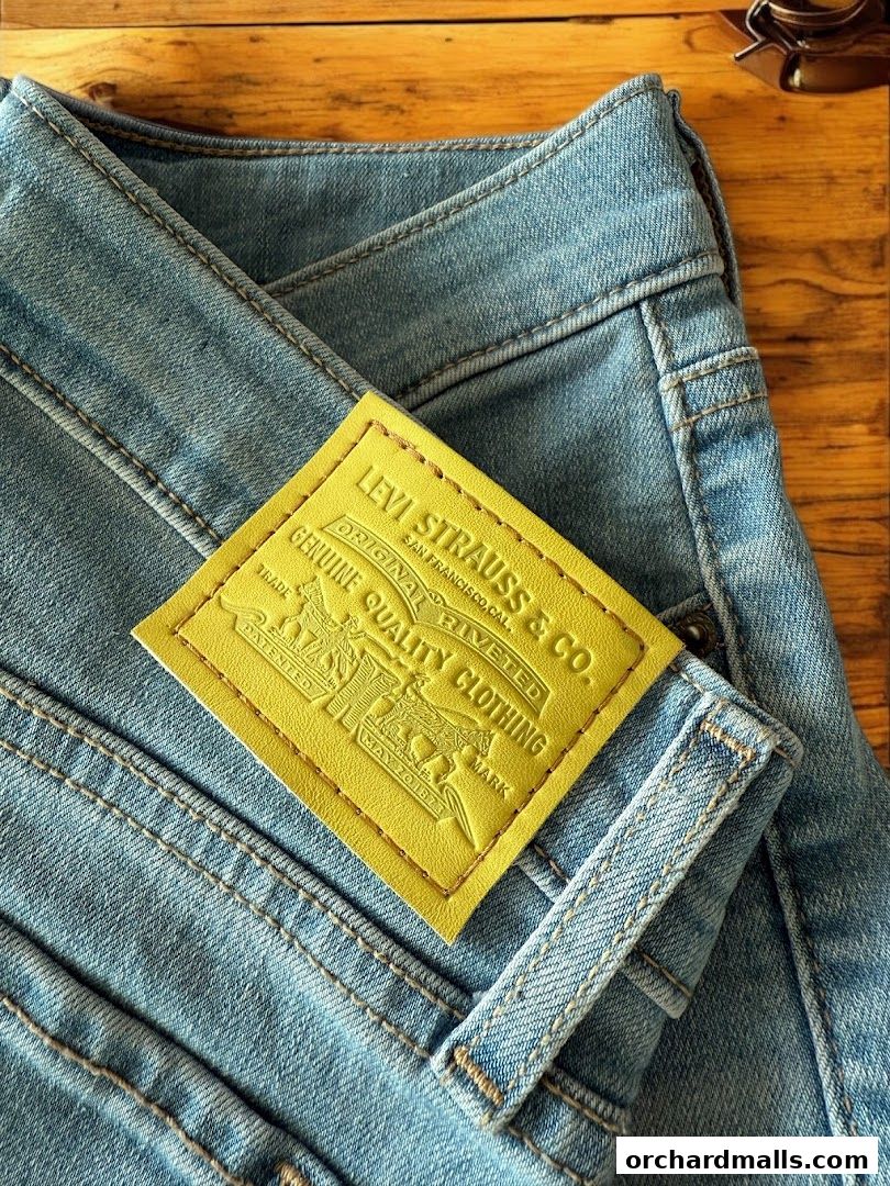 Close-up of light blue Levi's jeans with a bright yellow leather brand patch.