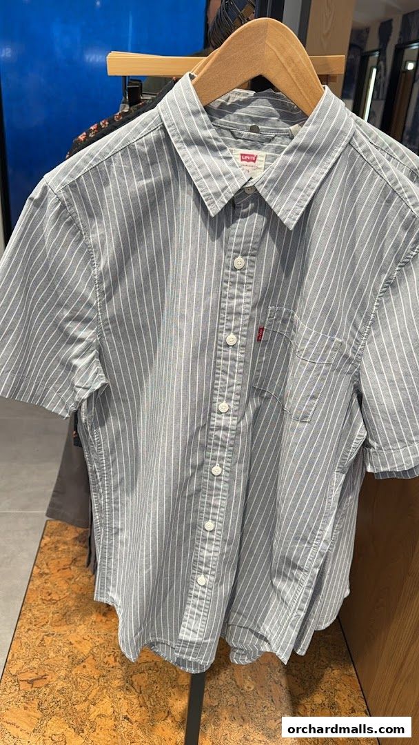 A close-up shot of a grey and white striped short-sleeved Levi's shirt on a hanger.
