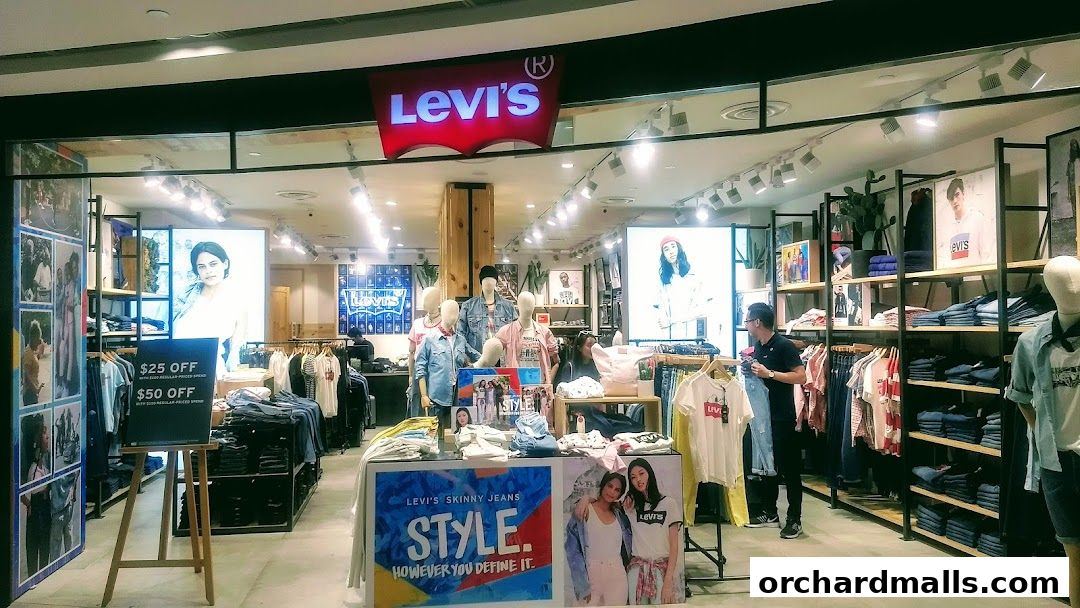 Interior view of a Levi's store showcasing jeans, t-shirts, and promotional displays.