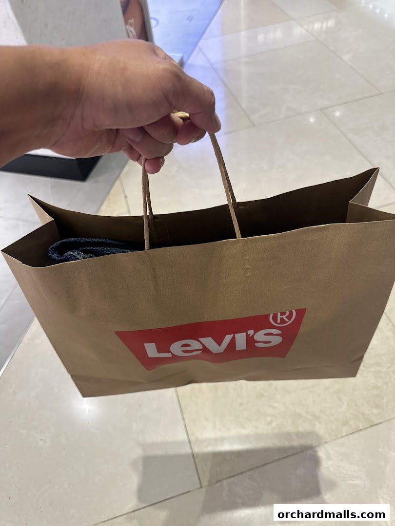 A hand holds a brown paper shopping bag with the Levi's logo.