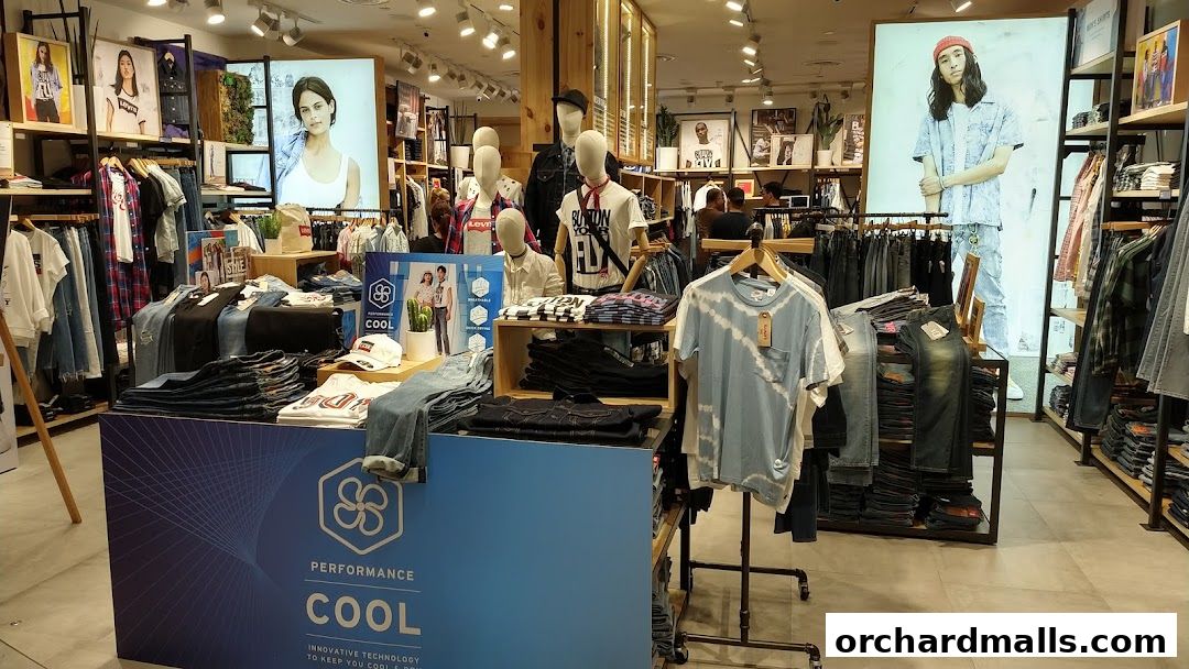 Interior view of a Levi's store showcasing denim jeans, t-shirts, and mannequins.