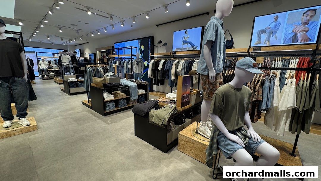 Interior view of a Levi's store showcasing clothing on mannequins and racks.