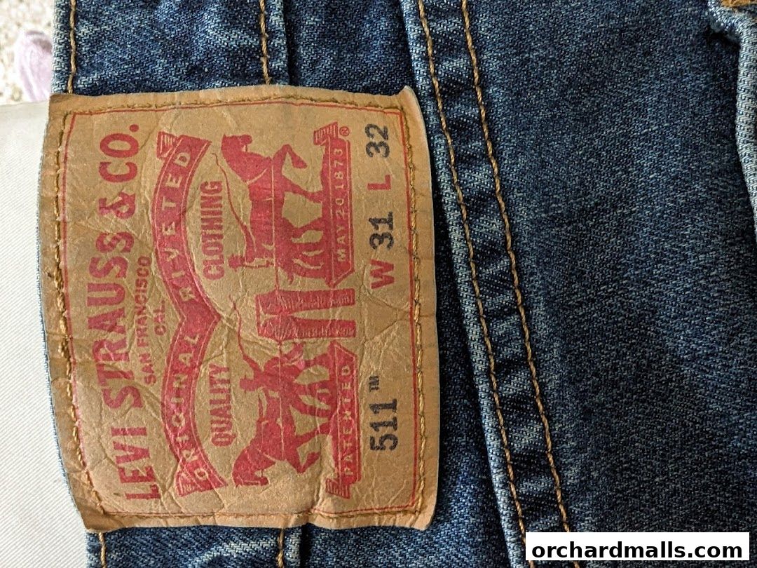 Close-up of a Levi's jeans label showing brand details and size information.