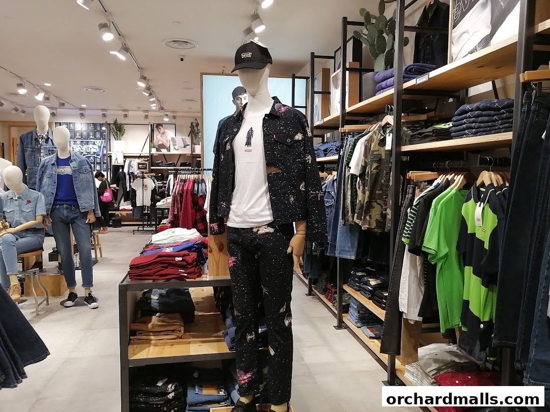 Mannequins display Levi's denim outfits and clothing racks showcase various apparel.