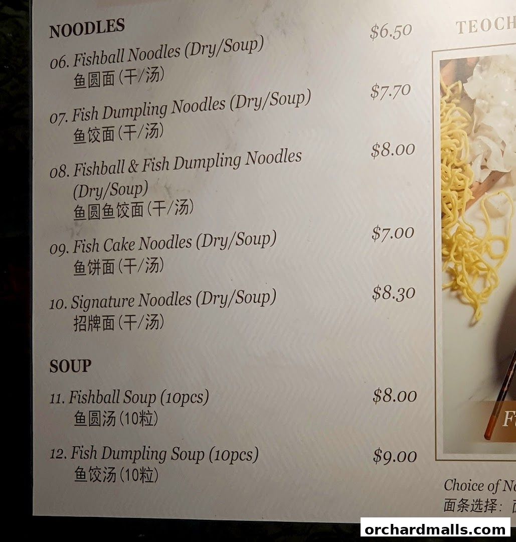 A menu featuring various noodle and soup dishes with prices and Chinese translations.