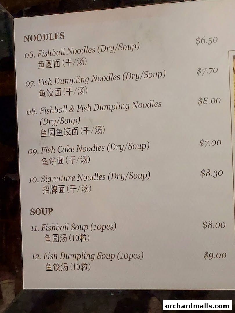 A menu from LiXin Teochew Fishball Noodles featuring noodle and soup dishes.