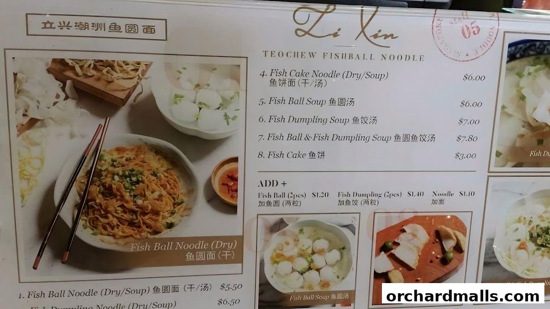 A menu for Li Xin Teochew Fishball Noodles featuring various noodle and soup dishes.