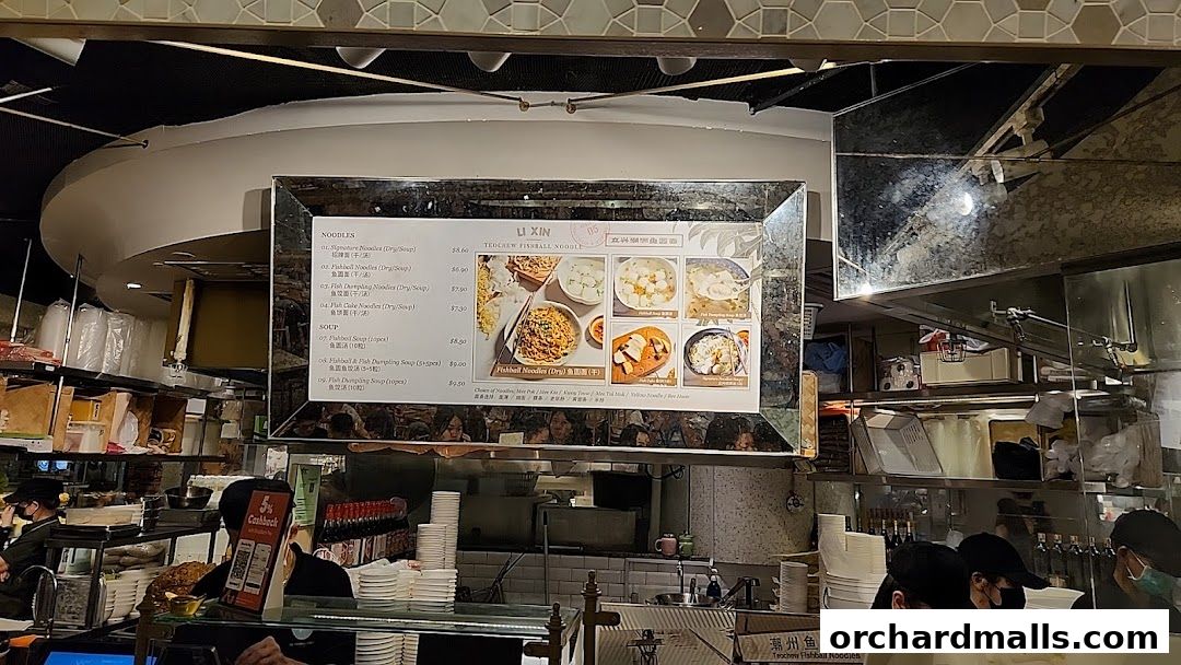 A menu board for Li Xin Teochew Fishball Noodles with various noodle and soup dishes.