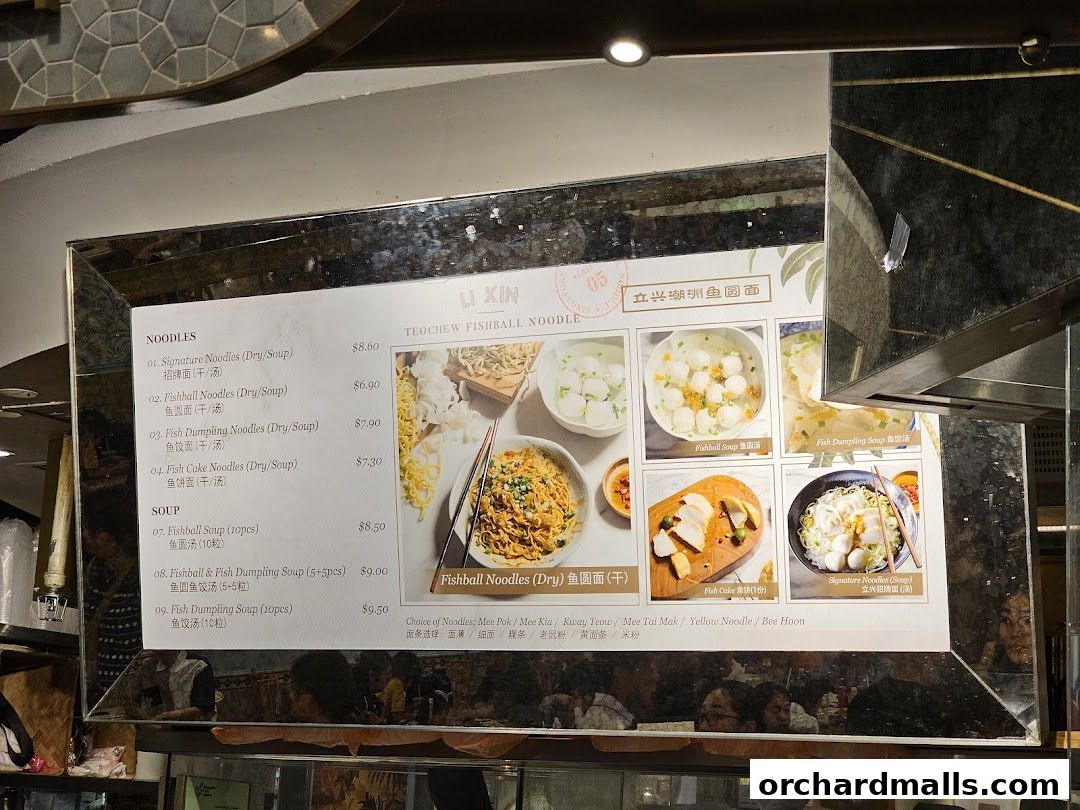 A menu board for Li Xin Teochew Fishball Noodles, showcasing various noodle and soup dishes with prices and images.