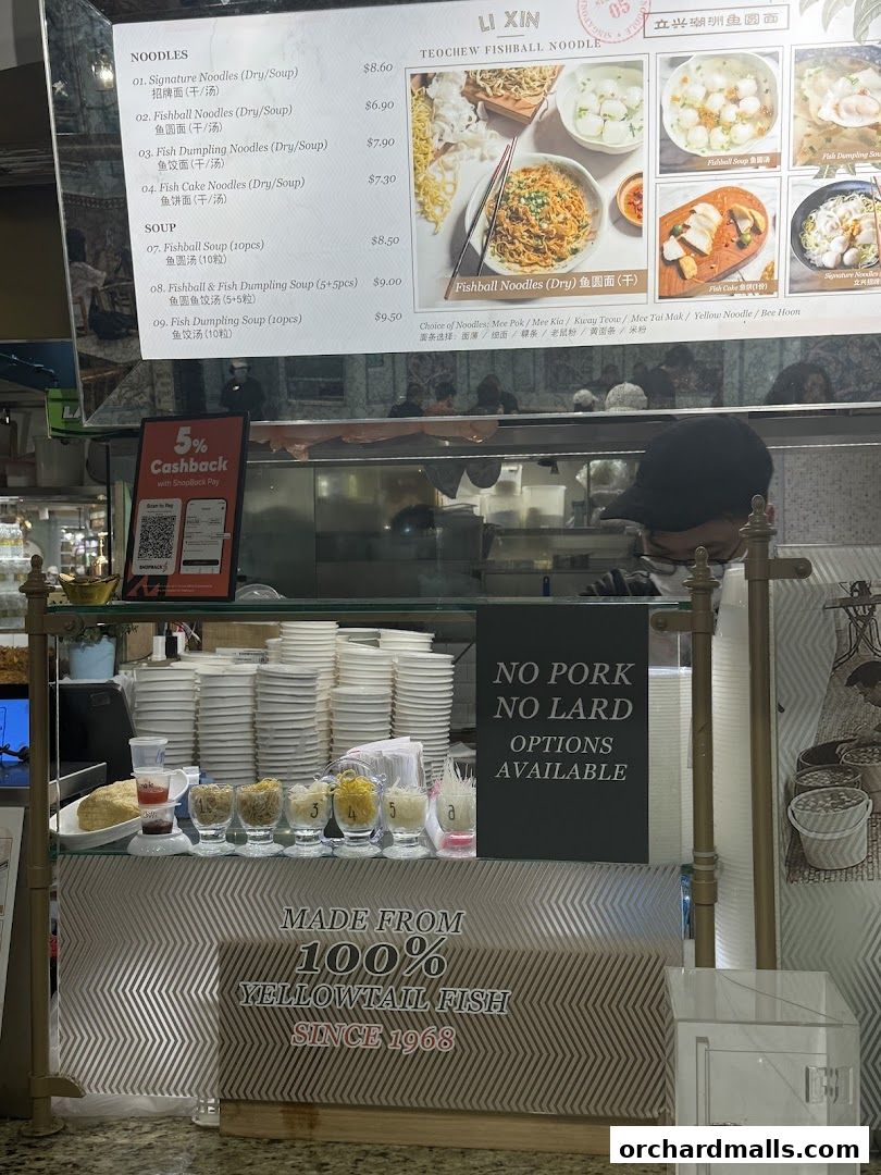 A menu for Li Xin Teochew Fishball Noodles, featuring noodle and soup dishes.