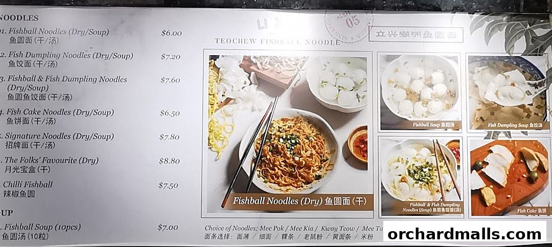A menu for LiXin Teochew Fishball Noodles, showcasing various noodle dishes and fishball soup.
